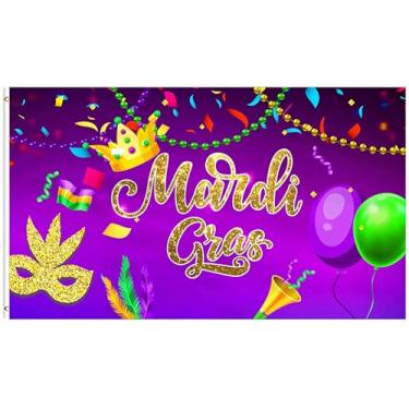 Imagem de HHERCICIM Mardi Gras Bandeira de Carnaval Feliz 9,5 x 1,5 m Nova Orleans Máscara de baile de máscaras Bandeira de Festa Pano de Fundo Bandeira de Casa para Férias Sazonais Poliéster Decoração Externa