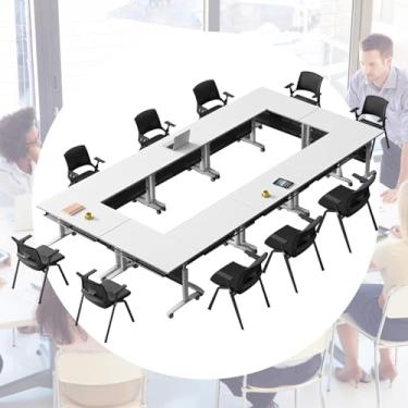 Imagem de Mesa dobrável para sala de conferências, mesa de conferência, moderna, branca, portátil, com rodas silenciosas, mesa de reunião para escritório, sala de conferências, mesa de treinamento móvel (B 140