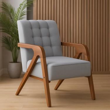Imagem de Poltrona Cadeira Decorativa Tecido Linho Pés Madeira Maciça para Sala de Estar Recepção (Cinza Claro)