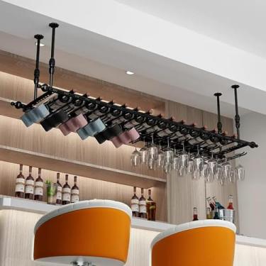 Imagem de Prateleiras de garrafas de vinho para pendurar em bar, prateleiras de teto modernas e elegantes para exibição doméstica, suporte de vidro de garrafa de vinho de metal montado na parede, prateleiras de