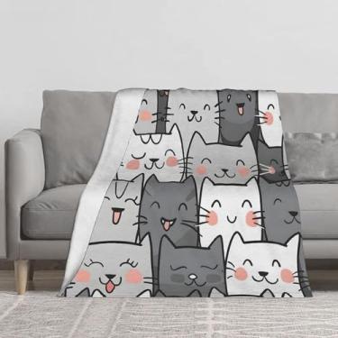 Imagem de Cobertor macio e leve aconchegante gato fofo cobertor cinza decoração de casa presentes de festival para mulheres e homens, cobertor de flanela felpudo para cama, sofá, acampamento e viagem, 127 x 101