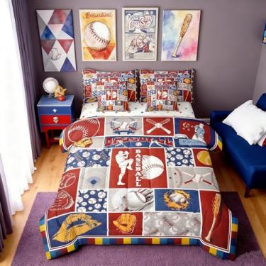 Imagem de Erosebridal Jogo de cama casal com luva de beisebol, conjunto de edredom e taco de beisebol vintage, 7 peças, bola esportiva, estilo patchwork, bola de softball, decoração de quarto de jogos