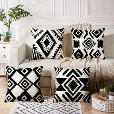 Imagem de LSMIAO Capas de almofada geométricas modernas, 45,7 x 45,7 cm, conjunto de 4, padrão de diamante preto e branco, 100% poliéster