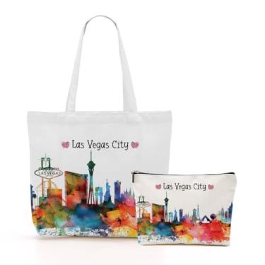 Imagem de jeilink Las Vegas Lembrança Presentes Aquarela Las Vegas Lover Canvas Tote Bag Compras Weekender Bolsas para Mulheres Irmã Colega de Trabalho Natal Aniversário Reutilizável Bolsa de Mercearia com
