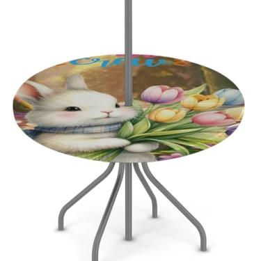 Imagem de hongjinglin Toalha de mesa de Páscoa para uso ao ar livre com orifício para guarda-chuva, toalha de mesa redonda elástica com zíper, impermeável, limpável, para piquenique, festa, pátio, serve para