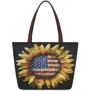 Imagem de Bolsa grande para mulheres, bandeira étnica, girassol, bolsa de pano de trabalho com zíper, reutilizável, bolsa de mão de mercearia, casual, para viagem, trabalho, férias, praia, compras, presentes