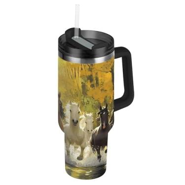 Imagem de SEHANY Copo Majestic Horse de 850 g com tampa e canudo, aço inoxidável de vácuo duplo isolado garrafa de água esportiva suporte de copo de café de viagem à prova de vazamento para bebida gelada