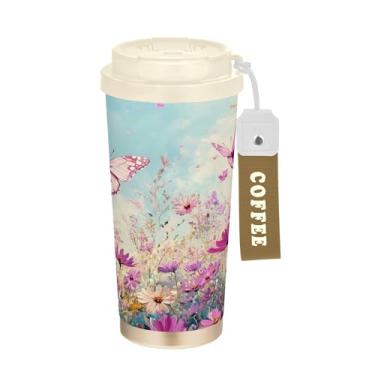 Imagem de SEHANY Caneca de viagem borboleta e flores de 482 ml Copos de café reutilizáveis revestidos de cerâmica com tampa à prova de vazamento, parede dupla, isolamento a vácuo, copo de café de aço inoxidável