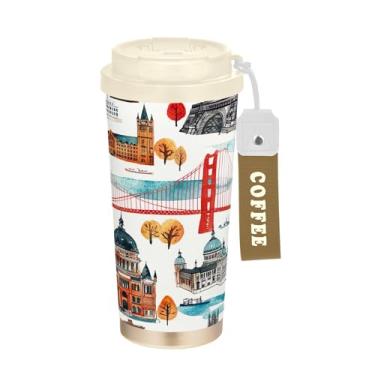 Imagem de SEHANY American Famous Landmarks Caneca de viagem de 482 g Copos de café reutilizáveis revestidos de cerâmica com tampa à prova de vazamento, parede dupla, isolamento a vácuo, copo de café de aço