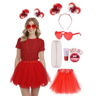 Imagem de Tinyones Conjunto de acessórios de fantasia de tutu para adultos, 10 peças, saia de tule, Halloween, anos 80, faixa de cabeça, colar com glitter corporal, Vermelho, One Size