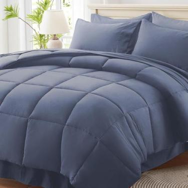 Imagem de Juego de edredón Anluoer King Azul Grisáceo con sábanas 7 piezas