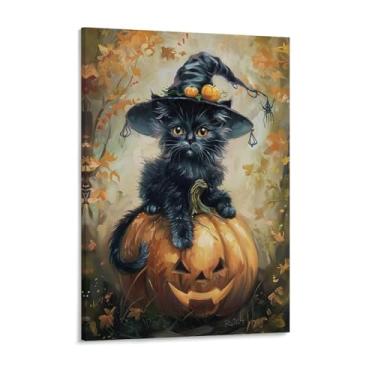 Imagem de HouLaiZhe Pôster de Halloween Gato Preto Abóbora Chapéu de Bruxa Impressões de Arte de Parede Decorações de Halloween Decoração de Parede Estética Gótica para Sala de Estar Quarto 18 x 24 polegadas