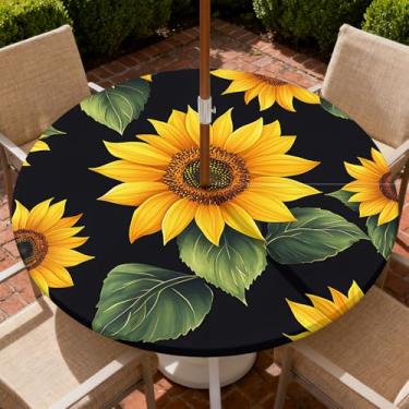 Imagem de Yesad Toalha de mesa redonda para uso ao ar livre com orifício para guarda-chuva, toalha de mesa com zíper e borda elástica, capa de toalha de mesa à prova d'água para piqueniques, serve para mesa