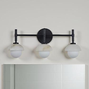 Imagem de Arandela de parede moderna de alabastro natural de meados do século, luminária de vaidade de 3 luzes sobre espelho com sombra de alabastro, luz de parede para corredor, banheiro (preto)