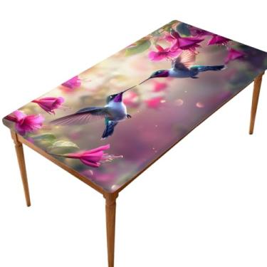 Imagem de oooJHooo Toalha de mesa retangular com borda elástica para 1,5 m, toalha de mesa de piquenique com flor de beija-flor de primavera, à prova de vento, à prova d'água, lavável, para jantar, acampamento