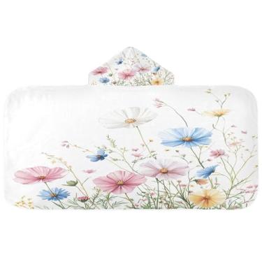 Imagem de Burbuja Toalha de banho com capuz aquarela flores silvestres para crianças, toalha de praia de pelúcia macia absorvente para chá de meninas e meninos 3-10 anos, 61 x 127 cm