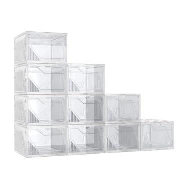 Imagem de AWTATOS Caixas de sapatos, pacote com 10 organizadores de armazenamento de sapatos, suporte empilhável de plástico, recipientes de tênis, caixas de armazenamento de brinquedos para entrada, armário