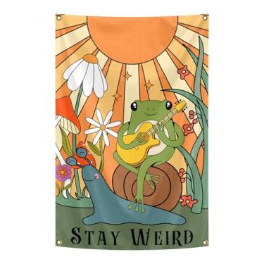 Imagem de Bandeiras engraçadas vintage boho para pendurar na parede 91 x 61 cm, banjo brincando de sapo, tapeçaria vertical estética para quarto, sala de estar, dormitório (fique estranho)