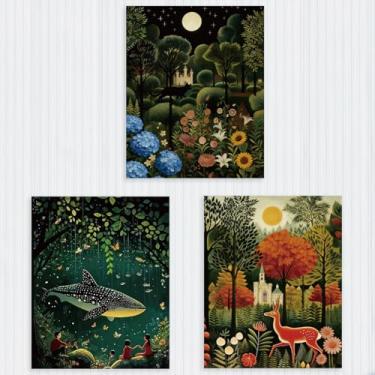 Imagem de 3 peças de decoração de parede de pôsteres com estampa de floresta, floresta, fulvo tropical, animal, lua, sol, baleia, arte, arte de parede, decoração para casa, sala de estar, quarto, presentes para