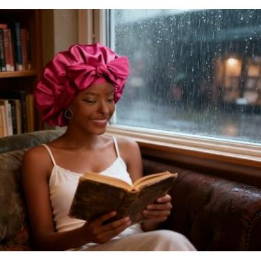 Imagem de Touca de dormir para mulheres – Touca de cabelo de cetim ajustável com alça para cabelo natural, encaracolado e cacheado rosa