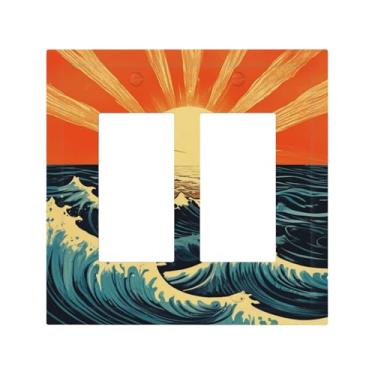 Imagem de Nadoabtm Capas de tomada decorativas retrô pôr do sol onda do oceano 2 gangues interruptor duplo interruptor de luz placa de interruptor elétrico placa de decoração Gfci placa de parede para quarto