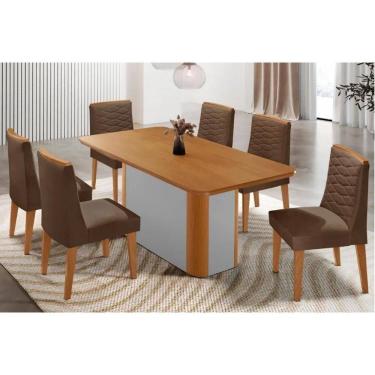 Imagem de Sala Jantar Mesa Pietá Tampo Curvo 180cm+6 Cadeiras Maldivas Madeira Naturale/Off White - Capuccino/Suede Marrom - Rufato