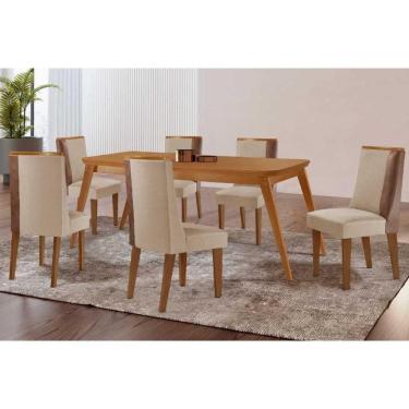 Imagem de Sala Jantar Mesa Havana Tampo Curvo 180cm+6 Cadeiras Tilia Madeira Naturale - Capuccino/Suede Creme - Rufato