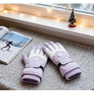 Imagem de Luvas de esqui para mulheres, luvas térmicas de neve com função de tela sensível ao toque, luva de inverno impermeável para esportes ao ar livre (roxo, branco)