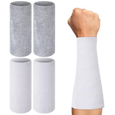 Imagem de Arrowbash 2 pares de pulseiras longas de 23 cm, pulseiras elásticas esportivas para suor, homens, mulheres, futebol, beisebol, basquete, ioga, tênis, corrida, atividades ao ar livre (branco, cinza)