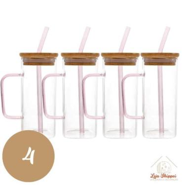 Imagem de Copo de Vidro Quadrado 350ml com Alça e Tampa Bambu e Canudo - TOP ÚTI