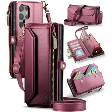 Imagem de YYTVN Capa carteira para Samsung Galaxy S25 Ultra com zíper para cartão e alça transversal e alça de pulso, capa flip magnética de couro PU com bloqueio de RFID para Galaxy S25 Ultra - vermelha
