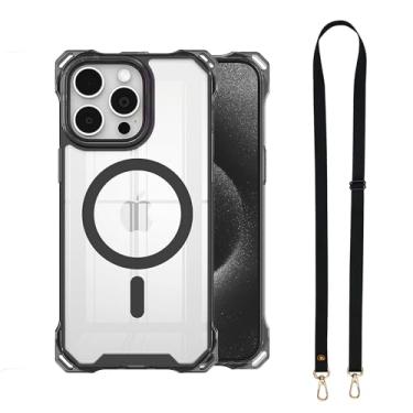 Imagem de Yetagso Capa magnética para iPhone 16 Pro Max, compatível com MagSafe, moldura magnética transparente, forte, macia, capa protetora à prova de choque com cordão destacável, preta