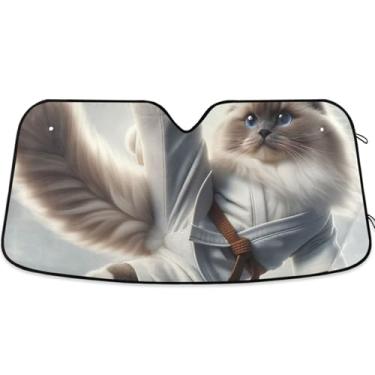 Imagem de Guarda-sol personalizado Karate Ragdoll Cat Funny Car Para-brisa Engraçado Universal Dobrável Caminhão Carro Persianas para Janelas Frontais L, 144.8 cm x 80.0 cm