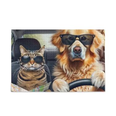 Imagem de Quebra-cabeça de 500 peças, cachorro e gato com óculos de sol para dirigir carro, quebra-cabeça de desafio para adultos, 52 cm C x 37,8 cm L