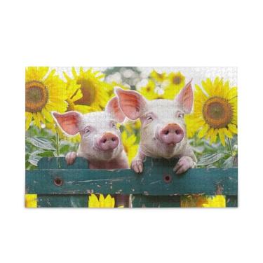 Imagem de Quebra-cabeça de girassol com 1000 peças, cerca de porcos sorridentes, quebra-cabeças compostos de papel e madeira para casais com bolsa de armazenamento