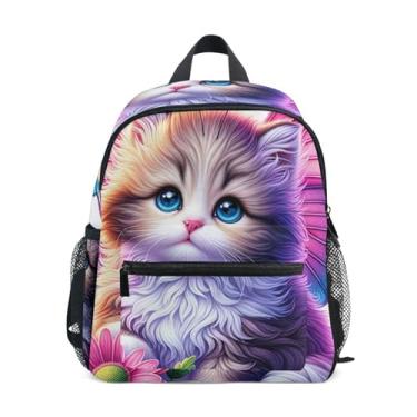 Imagem de GAIGEO Cute Kitten Cat Butterfly Floral Small Backpack for Kids 10x4x12 In, Boys Toddler Backpack with Water Bottle Pockets, Whistle Buckle