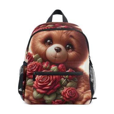 Imagem de Tedder Bear Rose Flowers Simple Modern Toddler Backpack 10x4x12 In, Toddler Boys Backpack with Water Bottle Pockets, Whistle Buckle