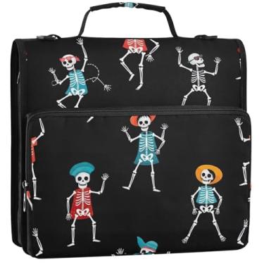 Imagem de Esqueletos dançantes divertidos, fichários de 3 cm, 3 anéis, bolsa organizadora de fichários escolares com alça de ombro, portfólio e estojo para pasta de anel, 34,5 x 31,5 x 9 cm