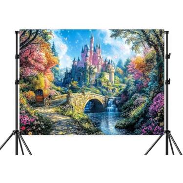 Imagem de Pano de fundo de castelo encantado de princesa de 3,5 x 2,5 m, pano de fundo rosa do país das maravilhas com ponte de pedra, carruagem vintage e cachoeira, cenário colorido de floresta, adereço de