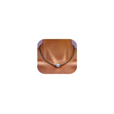 Imagem de GEMTAL Colar feminino delicado com pingente de pérola única, moderno, colar gargantilha com contas de pedra preta, colar delicado de pérolas redondas de água doce, presente para mulheres e meninas,