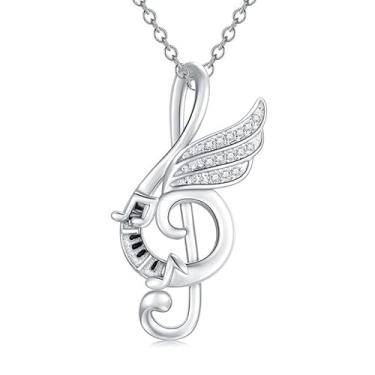 Imagem de BlingNuts Colar com notas musicais, piano, pingente de clave de agudos, joia de asa de anjo, notas musicais, presentes para mulheres, F, Aço inoxidável, Sem Pedra Preciosa