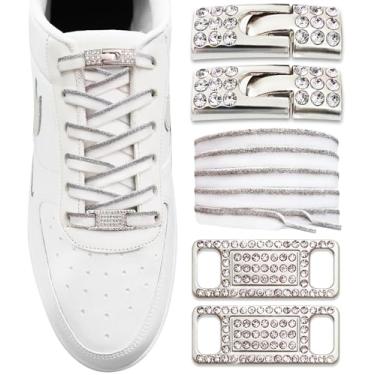 Imagem de TOPPING STYLE Cadarços elásticos sem amarração com travas de diamante brilhantes e pingentes para tênis femininos, 01 - branco - borda prateada, 105