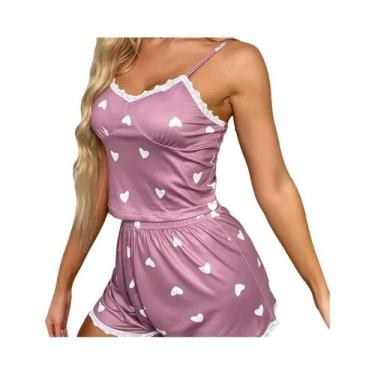 Imagem de Conjunto de pijama feminino com decote em v, top estampado e shorts, r