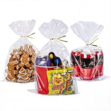 Imagem de Wowfit Sacos de presente de celofane plano transparente de 50 CT 22 x 35 cm com laços dourados de 15 cm, embalagem de violoncelo para brindes, decorações e embrulho de presente de casamento