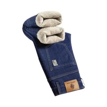Imagem de Calças Jeans Masculinas De Inverno Grossas Com Cintura Alta, Forradas 