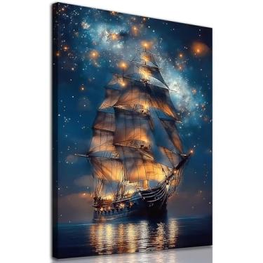Imagem de Pintura abstrata em tela de barco, pôster de navio à vela, paisagem marítima, arte de parede, vintage, imagem de veleiro, céu noturno, arte náutica, arte de parede, pôster de navio pirata, pintura de