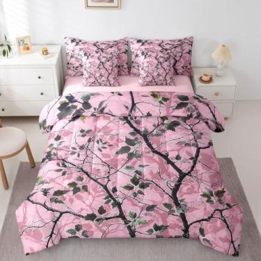 Imagem de Conjunto de cama solteiro com 7 peças de camuflagem rosa, cama rústica em uma bolsa, ramos da floresta com folhas, conjunto de edredom, lençol e fronhas, decoração de quarto camuflado de caça