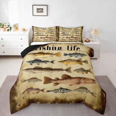 Imagem de Erosebridal Jogo de cama casal de pesca, conjunto de edredom de pesca de robalo para meninos, adultos, homens, amantes de pescadores, edredom de cama estilo rústico