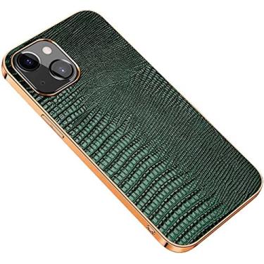 Imagem de EKESA Capa de couro para Apple iPhone 14 Plus 6,7 polegadas 2022, padrão lagarto moldura dourada capa de telefone traseira à prova de choque [proteção de tela e câmera] (cor: verde)