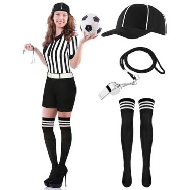 Imagem de Didaey 5 peças fantasia de árbitro para mulheres, uniforme de Halloween com chapéu de cinto, apito, meias compridas, bandeiras de pênalti amarelas (2GG)